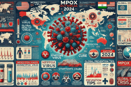 "An infographic titled 'Mpox Outbreak 2024' with a world map background highlighting regions such as the USA, particularly California, and India, to show the global impact of the outbreak. At the center is a magnified depiction of the mpox virus particle. Overlay text includes 'Mpox Outbreak 2024' at the top, with additional labels near the USA and India that read 'Monkeypox Virus,' 'Mpox USA Cases,' and 'Mpox India Update.' The infographic also includes sections for 'Mpox Symptoms and Cure' and 'Mpox Prevention Tips,' with health-related icons such as a medical cross, vaccine syringe, and handwashing symbols. The color scheme uses red for outbreak areas, blue for medical information, and green for prevention tips, creating a visual sense of urgency and health awareness."