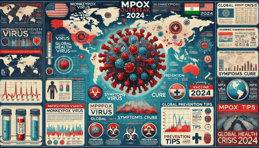 "An infographic titled 'Mpox Outbreak 2024' with a world map background highlighting regions such as the USA, particularly California, and India, to show the global impact of the outbreak. At the center is a magnified depiction of the mpox virus particle. Overlay text includes 'Mpox Outbreak 2024' at the top, with additional labels near the USA and India that read 'Monkeypox Virus,' 'Mpox USA Cases,' and 'Mpox India Update.' The infographic also includes sections for 'Mpox Symptoms and Cure' and 'Mpox Prevention Tips,' with health-related icons such as a medical cross, vaccine syringe, and handwashing symbols. The color scheme uses red for outbreak areas, blue for medical information, and green for prevention tips, creating a visual sense of urgency and health awareness."